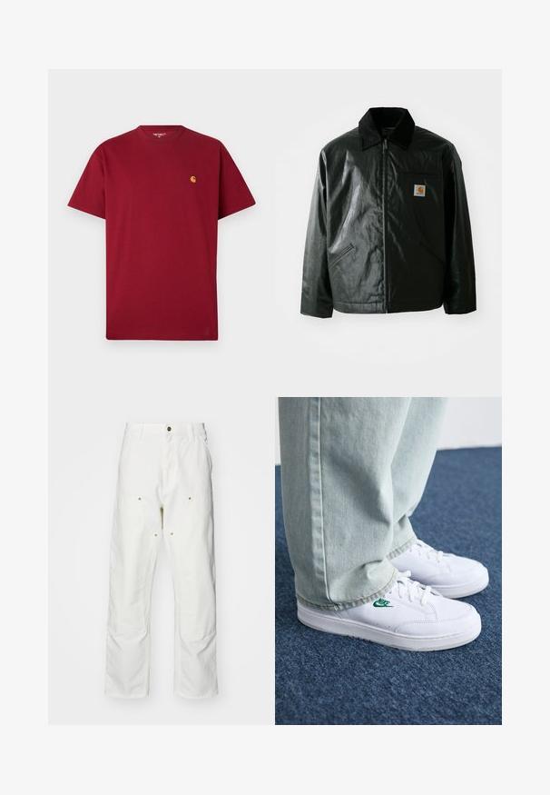 Must mustaga, läikiva materjaliga musta värvi jakk. Omab kordonilõikega kraed, kahte esikäe taskut ja väikest logo sildi rinnal.; Punane puuvillane T-särk, ümar kaelus, lühikesed varrukad ja väike kuldne logo vasakul rinnal. Pehme tekstuur ja sirge lõikega disain.; Valged puuvillased cargo püksid, millel on mugav lõige. Omadusteks on esikotid, kuldse riistvara aktsendid ja tugevdatud põlveosad.; Valged nahast tennisetossud rohelise Nike logo ja ümarate varvastega, lamedate taldadega, koos helesiniste teksapükstega, esitatud sinisel vaibal.