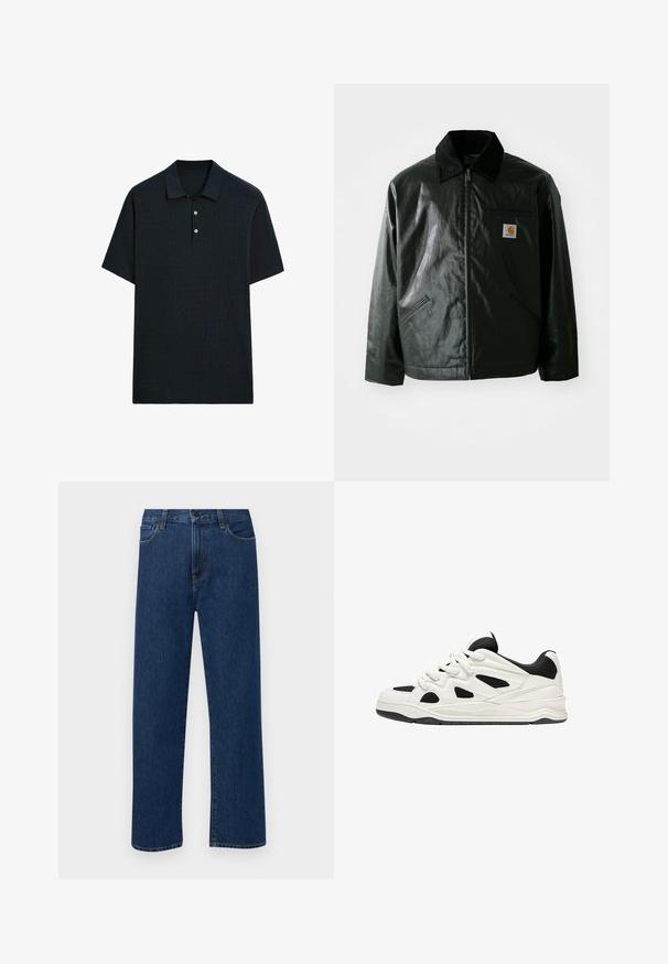 Giacca nera con zip realizzata in materiale liscio e lucido. Presenta un colletto in corduroy, due tasche frontali e una piccola patch con logo sul petto.; Polo a maniche corte di un blu navy scuro in tessuto a maglia strutturato, con colletto e apertura con tre bottoni, dalla linea dritta.; Jeans in denim di un blu scuro a gamba dritta con tasche anteriori e chiusura con bottone, esposti su uno sfondo bianco semplice.; Scarpe da ginnastica bianche e nere con suola testurizzata, caratterizzate da intagli sui lati e lacci, e una schiena imbottita per il supporto.