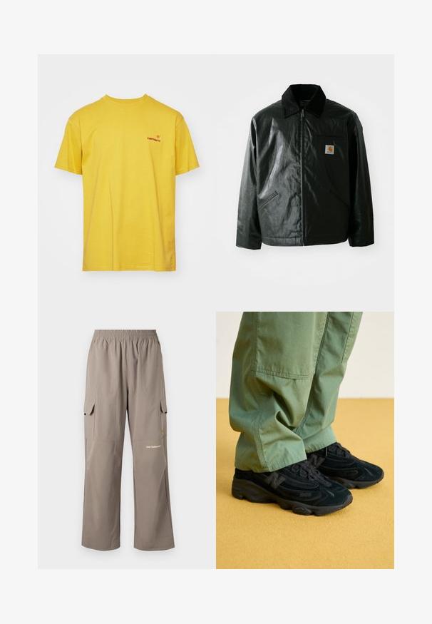 Mustat vetoketjulliset takit, jotka on valmistettu sileästä, kiiltävästä materiaalista. Sisältää kangastakin kauluksen, kaksi etutaskua ja pienen logopatchin rinnassa.; Keltainen puuvillapaita, jossa on lyhyet hihat, pyöreä kaula-auko ja pieni punainen logo vasemmassa rinnassa. Sujuva rakenne, rento muotoilu.; Cargo-housut kevyestä kankaasta, taupe-värissä, joissa on joustava vyötärö, sivutaskut ja hillitty brändilogot.; Mustat New Balance -lenkkarit, joissa on teksturoitu päällinen, silmiinpistävä logo ja pehmustettu pohja, yhdistettynä löysiin vihreisiin housuihin.