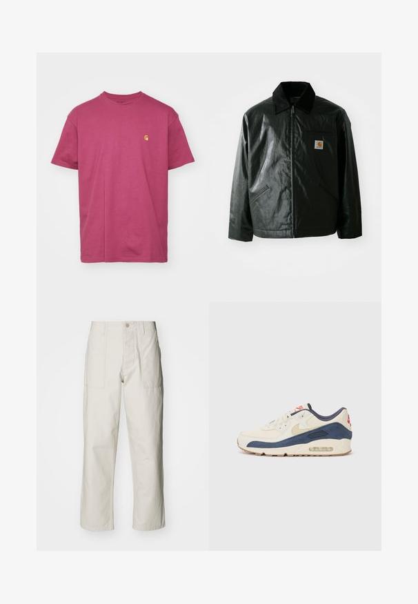 Schwarze Zip-Jacke aus glattem, glänzendem Material. Verfügt über einen Cordkragen, zwei Fronttaschen und ein kleines Logo-Patch auf der Brust.; Carhartt WIP CHASE - T-Shirt basic - dusty fuchsia/gold; Helle beige weit geschnittene Hose aus Baumwolle. Verfügt über Fronttaschen und einen Knopfverschluss. Glatte Textur mit dezenten vertikalen Streifen.; Sneaker mit einem Obermaterial aus cremefarbenem Leder und marineblauem Wildleder, sichtbar luftgefüllter Sohle, beiger Gummisohle und rotem Akzent an der Ferse.