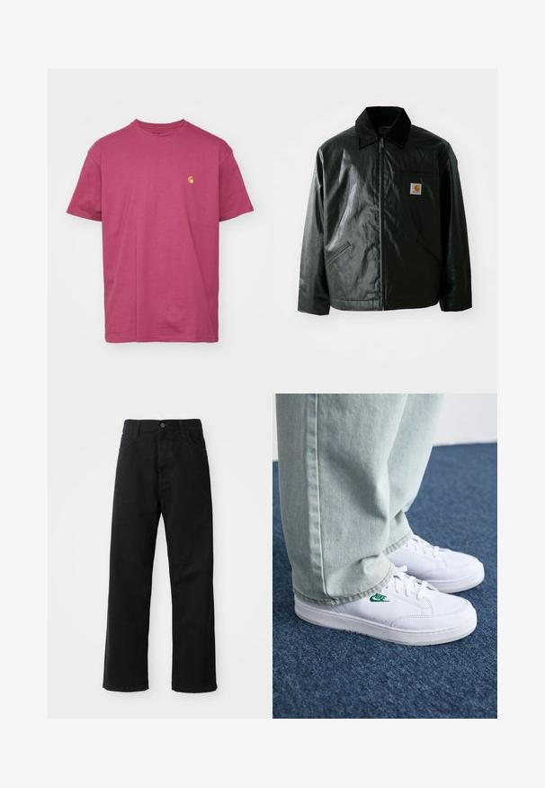Schwarze Zip-Jacke aus glattem, glänzendem Material. Verfügt über einen Cordkragen, zwei Fronttaschen und ein kleines Logo-Patch auf der Brust.; Carhartt WIP CHASE - T-Shirt basic - dusty fuchsia/gold; Schwarze Jeans mit geradem Schnitt, ausgestattet mit Fronttaschen, einem Reißverschluss und einem einzelnen oberen Knopf. Texturiert mit matter Oberfläche.; Weiße Leder-Sneaker mit grünem Nike-Logo, runde Zehenpartie, flache Sohle, kombiniert mit hellblauen Jeans, präsentiert auf einem blauen Teppich.