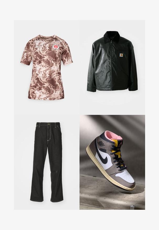 Černá zipová bunda vyrobená z hladkého, lesklého materiálu. Má jemný manžetový límec, dvě přední kapsy a malou značkovou nášivku na hrudi.; Hnědý maskáčový krátký rukáv tričko vyrobené z lehké tkaniny, s kulatým výstřihem a nášivkou na hrudi.; Černé denimové džíny s volným střihem, s kontrastním bílým prošíváním, zapínáním na knoflík a rovnými nohavicemi.; Bílé, šedé a černé vysoké tenisky Nike Air Jordan s růžovým interiérem a žlutým jazykem, umístěné na betonovém povrchu.
