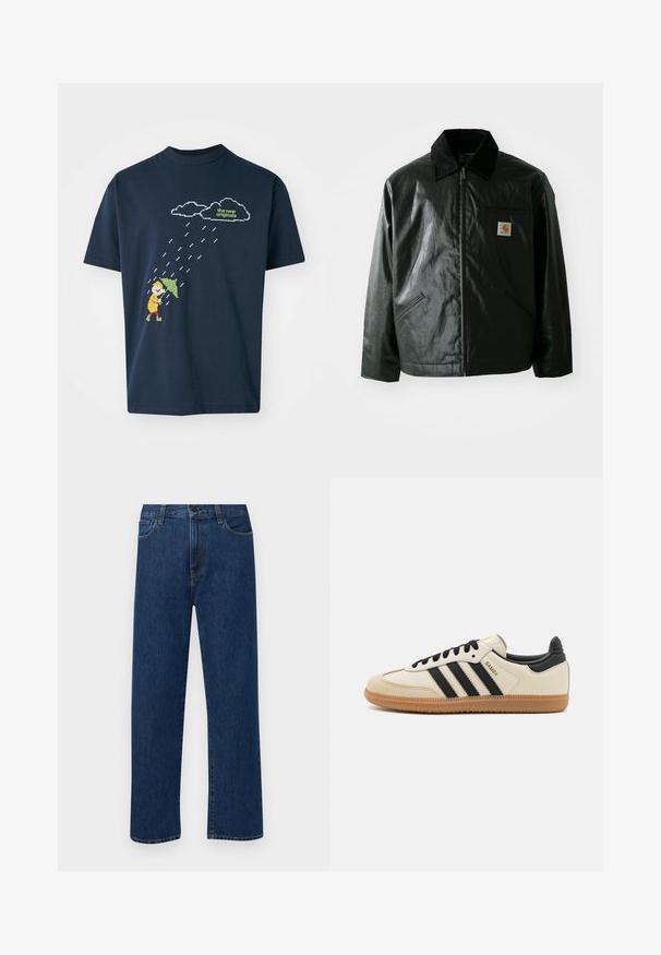 Svart zip-up jakke laget av jevnt, blankt materiale. Har en kordfløyelskrage, to frontlommer og en liten logo-lapp på brystet.; Mørkeblå bomulls T-skjorte med et pikselert grafikk av en figur med en paraply under skyer og regndråper, med tekst over i lysegrønn.; Mørkeblå rette jeans i denim med frontlommer og knappelukking, vist på en enkel hvit bakgrunn.; Beige idrettssko med svarte striper, gummigummi yttersåle og svarte detaljer. Har en glatt lær overdel og en avrundet tådesign.