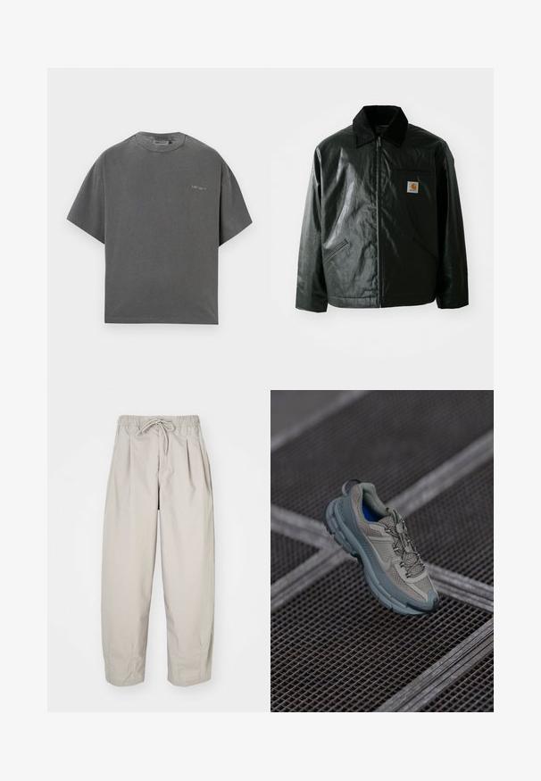 Casaco preto com fecho éclair, feito de material liso e brilhante. Apresenta um colarinho de veludo, dois bolsos frontais e um pequeno emblema no peito.; T-shirt cinza de manga curta oversized em mistura de algodão suave, com decote redondo e detalhe de logotipo subtil no peito. Textura de tecido suave.; Calças leves, bege, com cintura elástica e cordão. Apresenta pregas e um corte largo, confeccionadas em tecido suave e liso.; Sapatilha atlética bege e cinza com parte superior em malha texturizada, ponta arredondada e sola de borracha, com atacadores e colarinho almofadado.