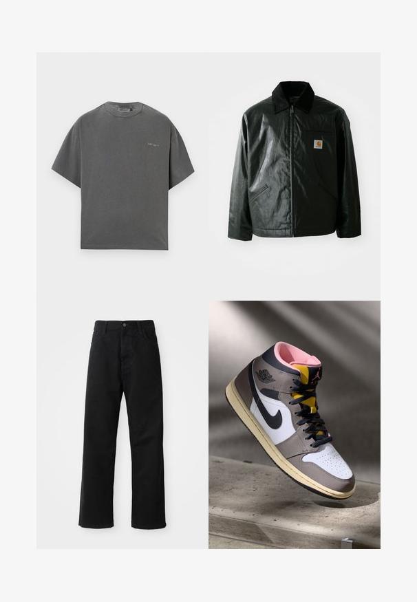 Czarna kurtka zapinana na zamek, wykonana z gładkiego, błyszczącego materiału. Posiada kołnierz z kordurowej tkaniny, dwie przednie kieszenie oraz małą naszywkę z logo na klatce piersiowej.; Szara, oversize krótka koszulka z krótkim rękawem, wykonana z miękkiej mieszanki bawełny, z okrągłym dekoltem i subtelnym detalem logo na klatce piersiowej. Gładka struktura materiału.; Czarne dżinsy o prostym kroju, z przednimi kieszeniami, zamkiem błyskawicznym i pojedynczym guzikem z przodu. Teksturowana tkanina o matowym wykończeniu.; Wysokie sneakersy Nike Air Jordan w bieli, szarości i czerni z różowym wnętrzem i żółtym językiem, umieszczone na betonowej powierzchni.