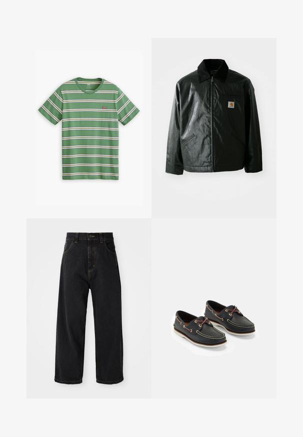 Zwarte ritssluiting jas van glad, glanzend materiaal. Heeft een corduroy kraag, twee voorzakken en een klein logo label op de borst.; Groene gestreepte t-shirt van katoen, met horizontale witte, gele en blauwe strepen, en een klein rood Levi's logo op de borst.; Zwarte wijde denim jeans met hoge taille, voorste knoop, rits en gele stiksels op de zakken en naden.; Marine leren botenschoenen met gele stiksels, rode veters en zilveren oogjes; ronde neus; witte rubberen zool.