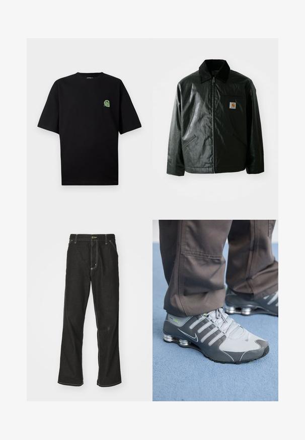 Zwarte ritssluiting jas van glad, glanzend materiaal. Heeft een corduroy kraag, twee voorzakken en een klein logo label op de borst.; Zwart katoenen t-shirt met korte mouwen, met een groen logo op de linkerkant van de borst. Rond de hals, relaxte pasvorm en een zachte textuur.; Zwarte denim jeans met een losse pasvorm, voorzien van contrasterende witte stiksels, een knoopsluiting en een recht ontwerp.; Grijze en zilveren Nike Shox sneakers hebben een strakke uitstraling, met een combinatie van mesh en synthetische materialen, een ronde neus en een gevoerde kraag.