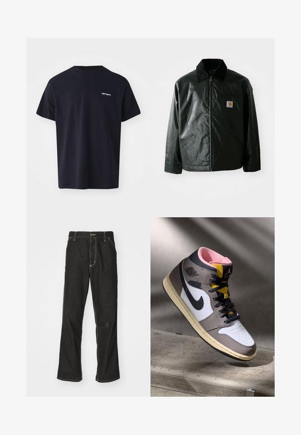 Μαύρο μπουφάν με φερμουάρ, φτιαγμένο από λείο, γυαλιστερό υλικό. Διαθέτει κοτλέ γιακά, δύο μπροστινές τσέπες και μια μικρή ετικέτα λογότυπου στο στήθος.; Μαύρο βαμβακερό μπλουζάκι με κοντά μανίκια, κανονικό γιακά και μια διακριτική λευκή λογότυπη αριστερά στο στήθος. Λείος υφασμάτινος ιστός, κανονική εφαρμογή.; Μαύρα τζιν παντελόνια με χαλαρή εφαρμογή, που διαθέτουν λευκές ραφές σε αντίθεση, κλείσιμο με κουμπί και ίσια γραμμή.; Sneaker Nike Air Jordan ψηλά σε λευκό, γκρι και μαύρο με ροζ εσωτερικό και κίτρινη γλώσσα, τοποθετημένος σε επιφάνεια από τσιμέντο.