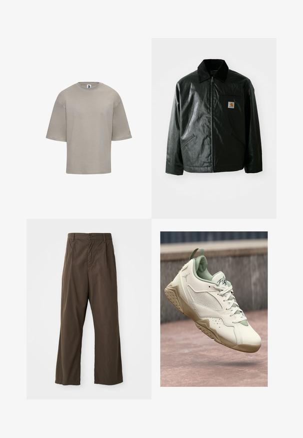 Fekete zipzáros dzseki sima, fényes anyagból. Kordbársony gallérral, két elülső zsebbel és egy kis logós felvarrással a mellkason.; Rövid ujjú, kerek nyakú póló világos bézs pamutból. Lazább szabású, sima tapintású, és diszkrét branding található az ujjon.; Barna, bő szárú pamut nadrág, elülső gombzárral, övhurkokkal és sima, matt felülettel.; Fehér és bézs Air Jordan sneaker, hálós panelekkel, fűzőkkel és "Flight" felirattal a nyelvén, felfüggesztve egy rózsaszín betonfelület fölött.