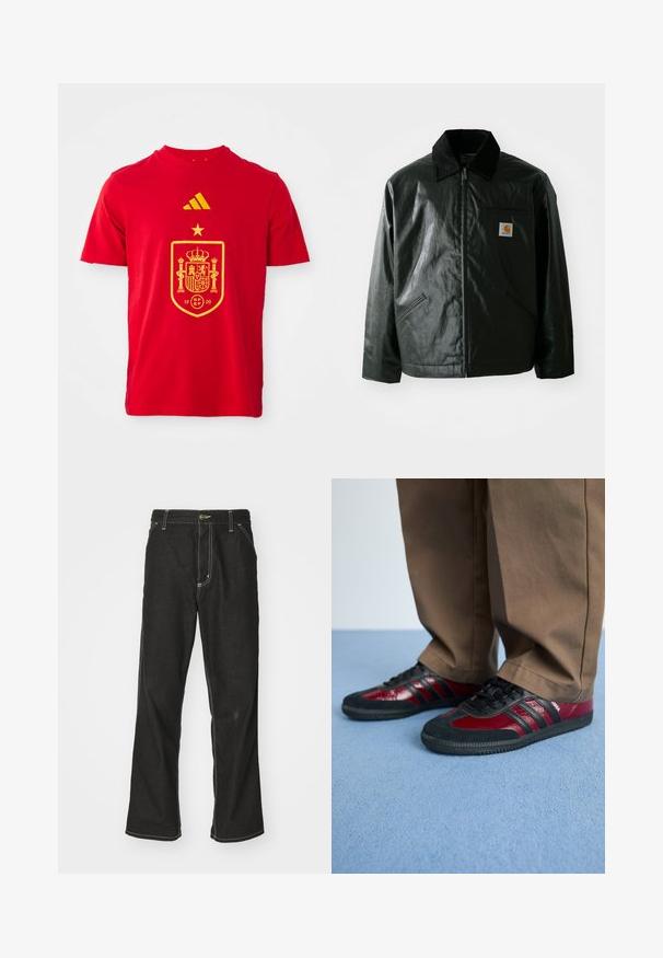 Chaqueta negra con cremallera hecha de un material liso y brillante. Presenta un cuello de pana, dos bolsillos frontales y un pequeño parche con el logo en el pecho.; Camiseta de algodón roja con el emblema de la selección nacional española en amarillo, una corona, una estrella arriba y el logo de Adidas en la parte superior izquierda.; Jeans de mezclilla negra con un corte holgado, que cuentan con costuras blancas contrastantes, cierre de botón y un diseño de pierna recta.; Zapatillas deportivas en negro y burdeos, confeccionadas con materiales de cuero y ante, con cordones negros y tres franjas negras en el lateral. Suela de goma.