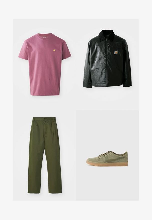 Black zip-up jacket made of smooth, shiny material. Features a corduroy collar, two front pockets, and a small logo patch on the chest.; Purple cotton t-shirt with a crew neck, short sleeves, and a small yellow logo on the left chest. Simple, solid color design.; Olive green, high-waisted pants with a straight leg design. Made of a lightweight fabric, featuring front pleats and a button closure.; Green suede sneaker with a gum rubber sole, round toe, and lace-up design. Features Nike's signature logo in a darker green.