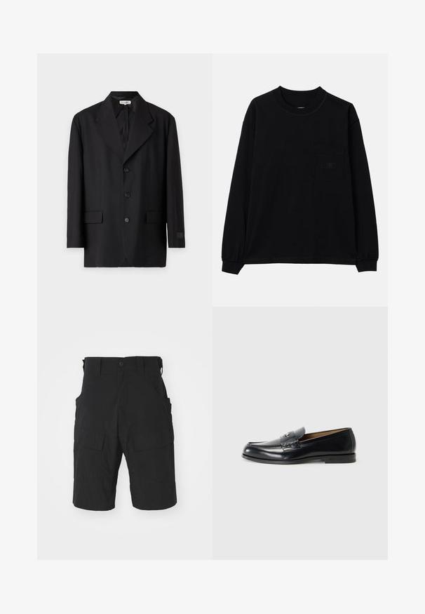 Blazer negro con solapa de muesca, cinco botones y dos bolsillos delanteros. Corte entallado con una textura suave y un sutil logotipo en la manga.; Camiseta negra de manga larga hecha de algodón, con cuello redondo, un bolsillo en el pecho izquierdo y puños elásticos. Diseño minimalista sin patrones.; Pantalones cortos cargo negros de tejido ligero que presentan múltiples bolsillos, cierre de botón y un corte relajado hasta la rodilla.; Mocasines de cuero en negro con un acabado liso, puntera redondeada, costuras decorativas y un pequeño acento metálico en la parte frontal.