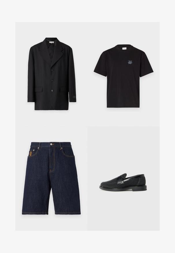 Čierny blazer s klopovým golierom, piatimi gombíkmi a dvomi prednými vreckami. Prispôsobený strih s hladkou textúrou a jemným brandingom na rukáve.; Čierne bavlnené tričko s okrúhlym výstrihom a krátkymi rukávmi. Obsahuje malú modrú nášivku na ľavej hrudi. Jednoduchý, rovný strih.; Džínové šortky v tmavomodrej farbe so štandardným strihom, s klasickým dizajnom piatich vreciek, kontrastným zlatým prešívaním a logom na ľavej strane.; Čierne tkané slip-on topánky s hladkým koženým akcentom na vrchnej časti, s okrúlym dizajnom špičky a nízkoprofilovou gumovou podrážkou.