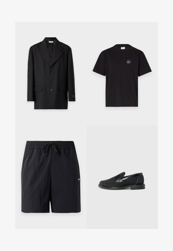 Juodas švarkas su išklotu apykakle, penkiais mygtukais ir dviem priekiniais kišenėmis. Priderintas siluetas su glotnia tekstūra ir subtiliu ženklinimu ant rankovės.; Juodas medvilninis marškinėliai su apvalia kaklo iškirpte ir trumpomis rankovėmis. Yra mažas mėlynas logotipas ant kairiojo krūtinės. Paprastas, tiesus kirpimas.; Juodi maudymosi šortai, pagaminti iš tekstūruotos medžiagos, su elastingu juosmeniu ir raišteliu, bei mažomu logotipu šone.; Juodas pintas slip-on tipo batelis su lygiu odiniu akcentu viršuje, apvalios nosies dizainas ir žemas guminis padas.