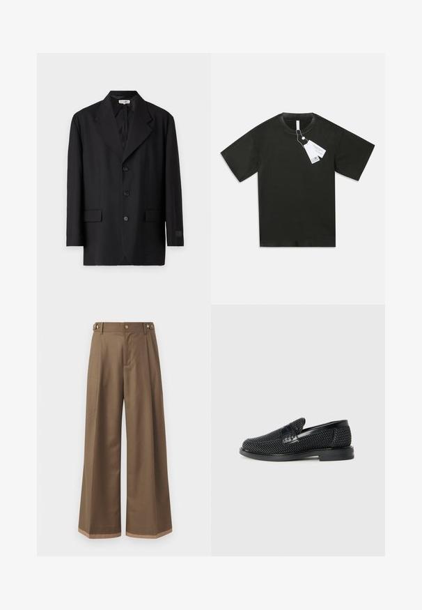 Blazer noir avec un revers cranté, cinq boutons et deux poches avant. Coupe ajustée avec une texture lisse et un branding subtil sur la manche.; T-shirt en coton noir à manches courtes avec col rond et étiquettes blanches attachées pendent du col sur fond blanc.; Pantalons à larges jambes en tissu marron foncé, avec deux poches latérales, deux boutons décoratifs à l'avant et un détail de ourlet contrastant.; Chaussure slip-on tissée noire avec un accent en cuir lisse sur le dessus, un design à bout rond et une semelle en caoutchouc à profil bas.