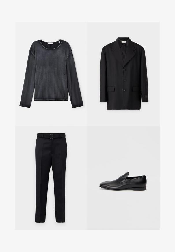 Schwarzes Blazer mit Revers, fünf Knöpfen und zwei Fronttaschen. Taillierter Schnitt mit glatter Textur und dezenter Markenkennzeichnung am Ärmel.; Langärmeliges, Rundhalsausschnitt-Oberteil in Dunkelgrau mit weicher Textur, das kontrastierende Nähte und eine lockere Passform aufweist. Minimalistisches Design ohne Muster.; Schwarze maßgeschneiderte Hosen aus glattem Stoff, mit geradem Schnitt und einem Bund mit rechteckiger Schnalle. Auffällige Frontfalten betonen das Design.; Schwarzer Leder-Slipper mit spitzer Zehe, glatter Textur und dezentem Branding an der Seite. Niedriger Absatz mit einem klaren, minimalistischen Design.