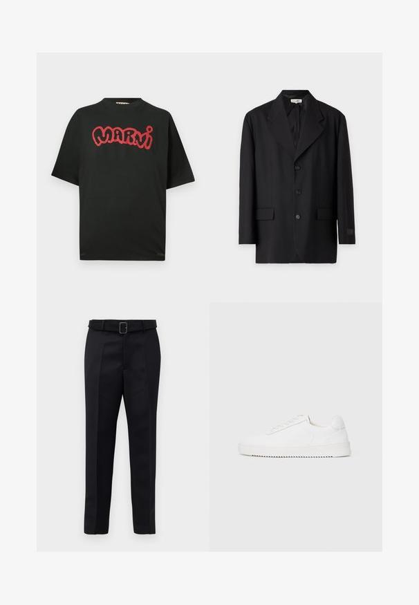 Blazer noir avec un revers cranté, cinq boutons et deux poches avant. Coupe ajustée avec une texture lisse et un branding subtil sur la manche.; T-shirt noir à manches courtes avec le texte stylisé "Marni" en rouge sur la poitrine, dotée d'un col rond et d'une coupe décontractée.; Un pantalon noir ajusté en tissu lisse, à coupe droite, avec une taille ceinturée et une boucle rectangulaire. Des plis avant notables accentuent le design.; Sneaker blanc avec une tige en cuir lisse, bout rond, lacets, accents latéraux texturés et une épaisse semelle en caoutchouc. Design minimaliste.
