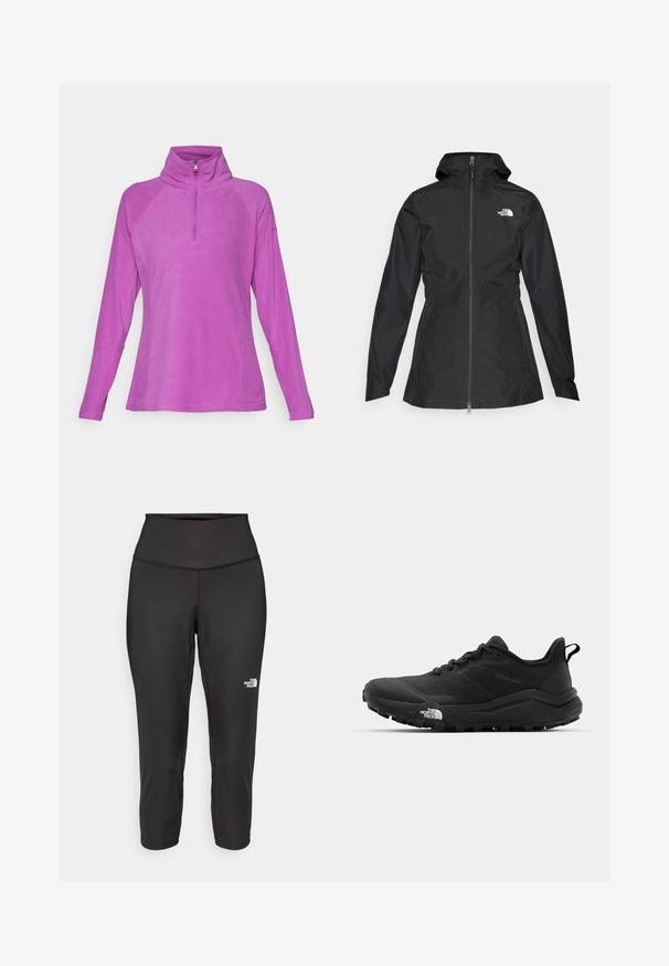 Fekete vízálló dzseki elülső cipzárral, állítható kapucnival és karcsúsított derékkal. A mellkason egy kis fehér logó található.; Fényes rózsaszín fleecpulóver, félig cipzáras gallérral, hosszú raglán ujjakkal, sima textúrával, látható minták vagy díszítések nélkül.; Fekete capri leggings, rugalmas anyagból készült, magas derékkal és egy kis fehér logóval a bal oldalon. Sima tapintású.; The North Face OFFTRAIL VERSA - Túracipők - tnf black/tnf white