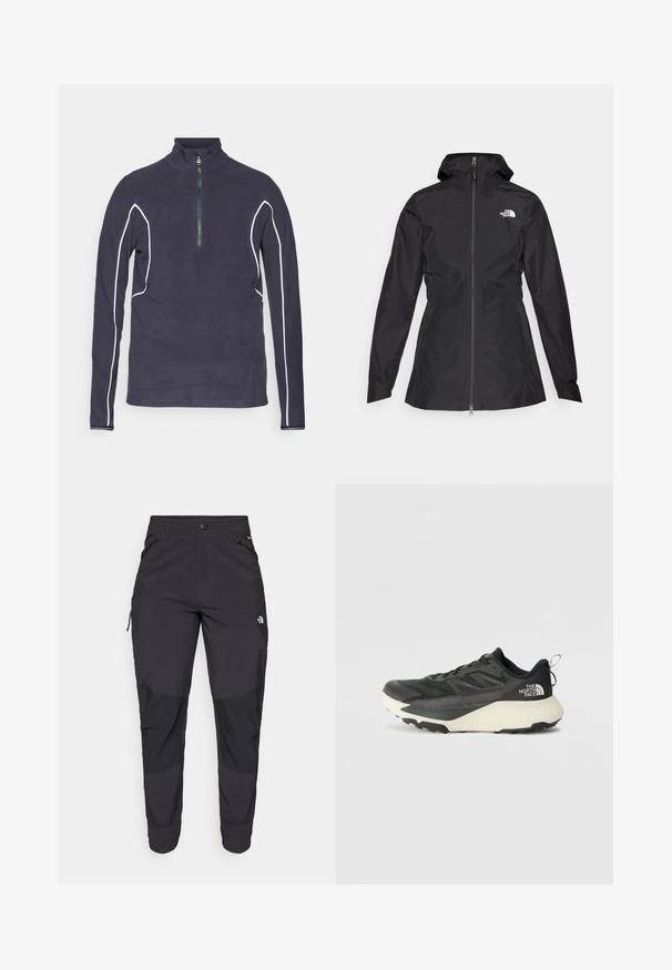 Giacca nera impermeabile con zip frontale, cappuccio regolabile e vita aderente. Presenta un piccolo logo bianco sul petto.; Pullover in pile blu navy con zip e colletto alto, caratterizzato da piping a contrasto bianco lungo le cuciture e una zip metallica. Texture liscia.; Pantaloni neri da esterno realizzati in tessuto durevole. Presentano tasche con zip, pannelli rinforzati sulle ginocchia e un design a taglio dritto per la massima mobilità.; Scarpa da ginnastica nera con tomaia testurizzata, con accenti grigi e un sottopiede bianco. Include una linguetta sul retro e un logo del marchio ben visibile sul tallone.