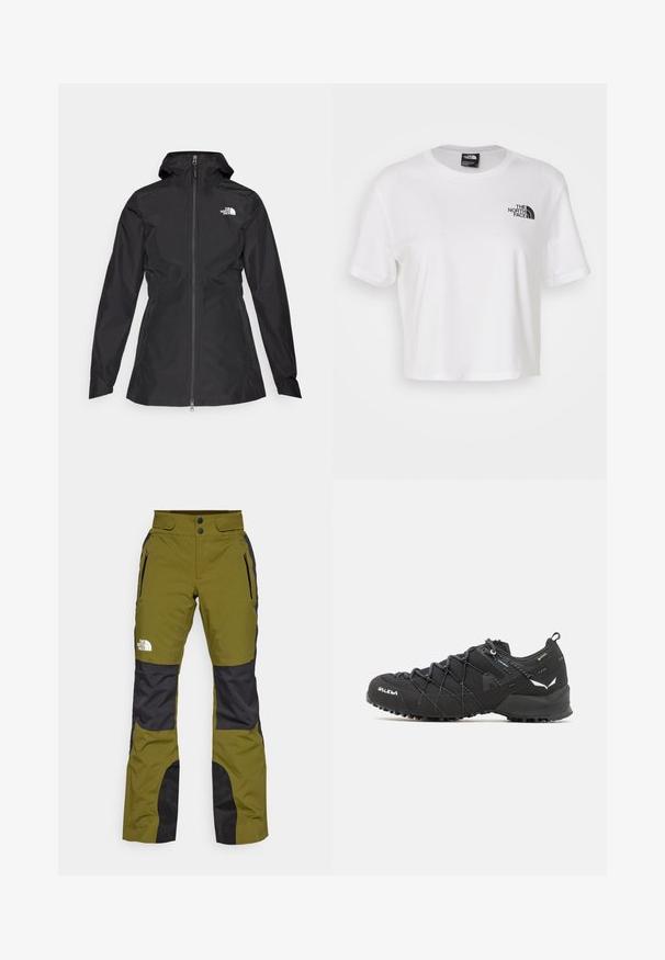 Črna vodoodporna jakna z zadrgo spredaj, nastavljivo kapuco in oprijetim pasom. Ima majhen bel logotip na prsih.; Bela skrajšana majica iz bombaža z okroglim izrezom in kratkimi rokavi. Ima črn logotip na levem prsnem delu.; Olive zelene hlače za na prostem s črnimi detajli, izdelane iz trpežnega materiala. Imajo dva žepa z zadrgo in dvojnim gumbom na pasu.; Črne pohodniške čevlje z teksturiranim zgornjim delom iz blaga, sistemom vezalk in trdnim gumijastim podplatom. Opremljeni so z odsevnimi detajli in logotipi.