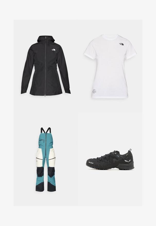 Veste noire imperméable avec fermeture éclair à l'avant, capuche ajustable et taille cintrée. Comprend un petit logo blanc sur la poitrine.; T-shirt en coton blanc avec un logo noir sur la poitrine gauche et un design graphique gris en bas à droite. Col rond classique et manches courtes.; Peak Performance VERTICAL GORE-TEX PRO BIB - Pantalons de ski - hydro fresh/sand fog; Chaussures de randonnée noires avec une tige en tissu texturé, un système de laçage et une semelle en caoutchouc robuste. Agrémentées de détails réfléchissants et de logos.