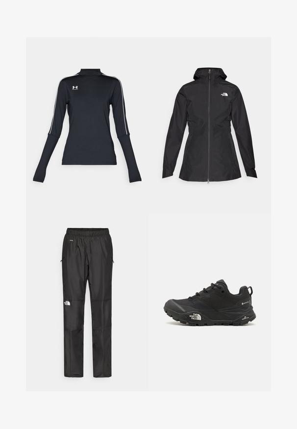 Svart vattentät jacka med dragkedja framtill, justerbar huva och åtsittande midja. Har en liten vit logotyp på bröstet.; Svart långärmad träningsjacka med hög krage, som har vita sidostråk och en liten logotyp på övre vänstra bröstet. Mjuk, elastisk tyg.; Svarta vattentäta byxor i lättviktsmaterial, med elastisk midja, sidofickor och en logotyp på vänster ben.; Svart vandringsskor med en texturerad övre del, snörning och en kraftig gummisula som har en framträdande logotyp på sidan och mönster i sulan.