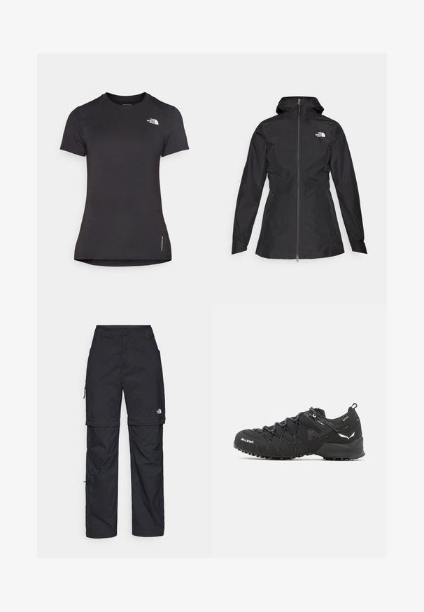 Juodas vandeniui atsparus džemperis su priekiniais užtrauktukais, reguliojamu gobtuvu ir prigludusia juosmens dalimi. Yra mažas baltas logotipas ant krūtinės.; Juodas sportinis marškinėliai, pagaminti iš lengvos, kvėpuojančios medžiagos. Turi trumpas rankoves ir apvalų iškirpimą. Logotipas rodomas ant krūtinės.; Juodos nailoninės krovinių kelnės su reguliuojamais rankovėmis, daugybe kišenių ir logo ant dešinės kojos. Lygi, lengva tekstūra.; Juodi žygio batai su tekstūruotu audiniu, raišteliais ir tvirtu guma padu. Papuošti atspindinčiomis detalėmis ir logotipais.