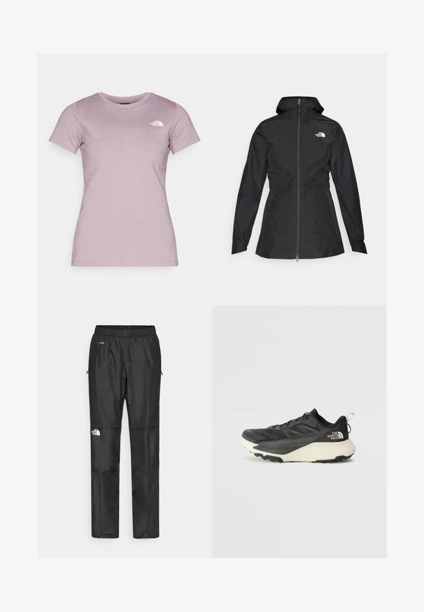 Juodas vandeniui atsparus džemperis su priekiniais užtrauktukais, reguliojamu gobtuvu ir prigludusia juosmens dalimi. Yra mažas baltas logotipas ant krūtinės.; The North Face W SS SD SLIM TEE - Paprasti marškinėliai - purple chalk; Juodi nepralaidūs vandeniui kelnių, pagamintų iš lengvos medžiagos, su elastingu juosmeniu, šoninėmis kišenėmis ir logotipu kairiajame šone.; Juodas sportinis batas su tekstūruota viršutine dalimi, su pilkomis detalėmis ir baltu viduriu. Apima pakėlimo juostelę ir ryškų prekės ženklo logotipą ant kulno.