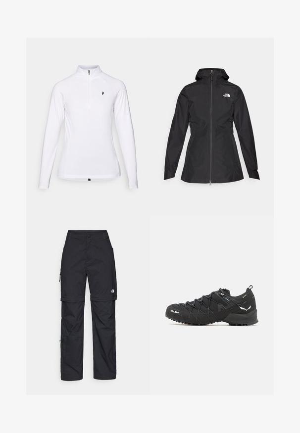 Sort vandtæt jakke med lynlås foran, justerbar hætte og en tætsiddende talje. Har et lille hvidt logo på brystet.; Hvid langærmet pullover med kvart lynlås-krave, der har et sort logo på brystet og er lavet af glat, let stof.; Sorte nylon cargo bukser med lynlås, justerbare manchetter, flere lommer og et logo på højre ben. Glat, let tekstur.; Sorte vandresko med en tekstureret stofoverdel, snøresystem og robust gummisål. Accenteret med reflekterende detaljer og logoer.