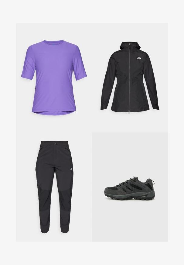 Juodas vandeniui atsparus džemperis su priekiniais užtrauktukais, reguliojamu gobtuvu ir prigludusia juosmens dalimi. Yra mažas baltas logotipas ant krūtinės.; Violet trumpa rankovėmis sportinė marškiniai su apvaliu kaklu, pasižyminti lygiu paviršiumi ir šoninėmis užtrauktukais vėdinimui.; Juodos lauko kelnės, pagamintos iš patvarios medžiagos. Turi užtraukiamas kišenes, sustiprintus kelio plotus ir tiesią konstrukciją, leidžiančią laisvai judėti.; Columbia REDMOND - Turistiniai batai - black/citron haze