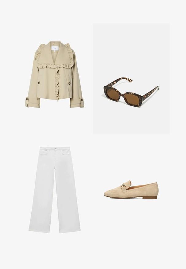 Beige kurze Jacke mit Rüschensaum am Kragen und an der Vorderseite. Verfügt über Knopfverschlüsse und aufgerollte Ärmel, gefertigt aus einem glatten Stoff.; Weißes, geripptes Tanktop mit dünnen Trägern, das auf der Vorderseite ein kleines rotes Levi's-Logo trägt. Schlichtes, figurbetontes Design mit geradem Saum.; Weiße weite Jeans aus Denim mit flachem Bund, zwei Vordertaschen und Knopfverschluss, mit geradem Bein und ohne sichtbare Muster.; Beige Wildleder Slipper mit spitzem Zehenbereich, flachem Absatz und einer dekorativen Beschläge in Goldfarbe auf dem Blatt. Glatte Textur, minimale Details.; Schildpatt-Sonnenbrille mit einem runden, klobigen Rahmen und braunen Gläsern. Verfügt über dezente Muster und gerade, zulaufende Bügel.