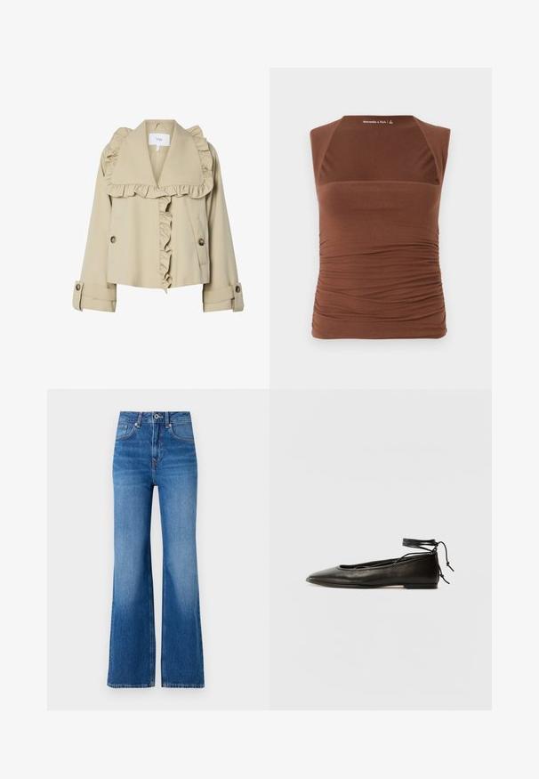 Beige cropped takki, jossa on röyhelökaulus ja etuosa. Varustettu napituksella ja käännetyillä hihoilla, valmistettu sileästä kankaasta.; Ruskea hihaton paita, joka on valmistettu joustavasta kankaasta. Paidan malli on kiinteä ja sivuilla on rypytetty rakenne, kun taas edessä se on sileä.; Vaaleansiniset leveälahkeiset farkut korkealla vyötäröllä, joissa on vetoketjuhalkio, nappisulku ja hienovarainen haalistuminen lahkeissa.; Musta nahka ballet-flatit, joissa on terävä kärki, nilkkaremmiliitos ja litteä pohja, varustettuna sileällä pinnalla ja minimalistisella muotoilulla.