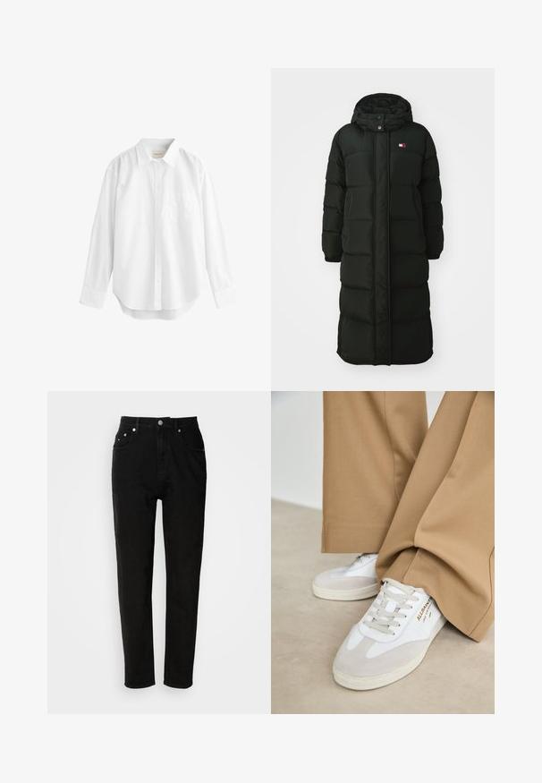 Manteau doudoune noir long avec capuche, doté d'une fermeture éclair sur le devant et de boutons-pression. Il a une texture matelassée et un petit logo sur la poitrine.; Chemise blanche à manches longues en coton, avec un col boutonné, une poche devant et un ourlet arrondi. Texture lisse et design classique.; Jean noir en denim avec taille haute, jambes droites, poches avant et fermeture à bouton en métal. Texture lisse avec un design minimaliste.; Baskets blanches avec des accents en daim, des lacets texturés et une semelle en caoutchouc. Associées à un pantalon beige ample. Logo affiché sur le côté.