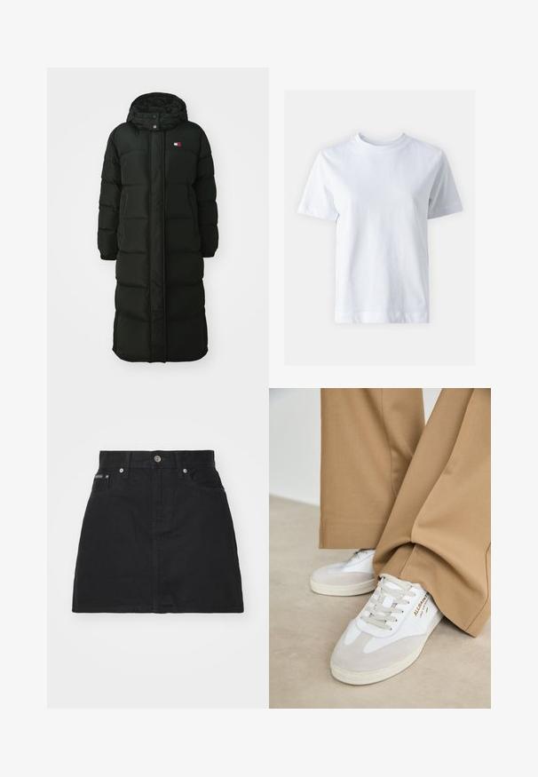 Palton puf lung, negru, cu glugă, dotat cu un fermoar frontal și capse. Are o textură matlasată și un mic logo pe piept.; Tricou alb din bumbac, cu guler rotund, mâneci scurte, croială dreaptă și textură netedă. Fără modele sau embellishments.; Fustă din denim negru cu o croială dreaptă, cinci buzunare și un buton metalic. Prezintă detalii de cusătură și un eticheta de marcă pe talie.; Adidași albi cu accente din piele de căprioară, șireturi texturate și o talpă din cauciuc. Purtați cu pantaloni largi de culoare bej. Logo-ul este afișat pe lateral.