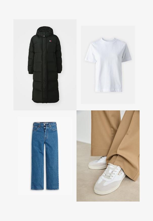 Long black puffer coat with a hood, featuring a front zipper and snap buttons. It has a quilted texture and a small logo on the chest.; White cotton t-shirt with a crew neckline, short sleeves, a straight cut, and smooth texture. No patterns or embellishments.; Blue denim straight-leg jeans with a high waist, five-pocket design, and button fly. Noticeable stitching and copper-tone rivets.; White sneakers with suede accents, textured laces, and a rubber sole. Paired with loose tan trousers. Logo displayed on the side.