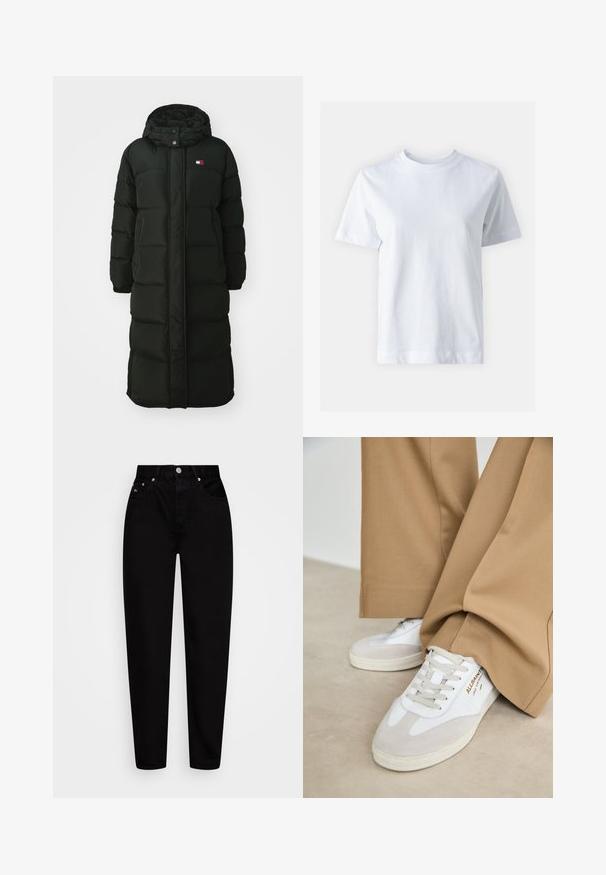 Langer schwarzer Puffer-Mantel mit Kapuze, ausgestattet mit einem Frontreißverschluss und Druckknöpfen. Er hat eine gesteppten Textur und ein kleines Logo auf der Brust.; Weißes Baumwoll-T-Shirt mit Rundhalsausschnitt, kurzen Ärmeln, gerader Schnittführung und glatter Textur. Keine Muster oder Verzierungen.; Schwarz hochtaillierte gerade Jeans mit vorderem Knopf, fünf Taschen und Gürtelschlaufen, auf einem weißen Hintergrund präsentiert.; Weiße Sneakers mit Wildlederakzenten, strukturierten Schnürsenkeln und einer Gummisohle. Kombiniert mit lockeren, sandfarbenen Hosen. Logo an der Seite angebracht.