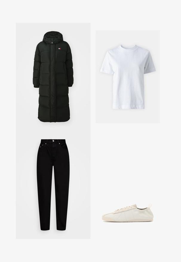 Pikk must puffer-tuunik, millel on kapuuts, esi-ripatsi ja nööbid. Sellel on tikandik ja väike logo rinnal.; Valge puuvillane T-särk, ümar kaelus, lühikesed varrukad, sirge lõige ja sile tekstuur. Ilma mustrite ja kaunistusteta.; Kõrgema vöökohaga mustad sirged teksad, millel on ees nupp, viis taskut ja vöörihmade aasad, on eksponeeritud valgel taustal.; Kreemvärvilised nahast tennisetossud ümara varbaga, paeltega kinni tõmmatav disain, tekstuuriga aktsendid ja tekstuuriga kummitald, millel on siksakitav haardemuster.