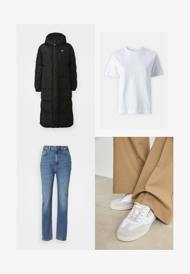 Abrigo de plumas largo y negro con capucha, que cuenta con un cierre frontal de cremallera y botones a presión. Tiene una textura acolchada y un pequeño logo en el pecho.; T-shirt de algodón blanco con cuello redondo, mangas cortas, corte recto y textura suave. Sin patrones ni adornos.; Jeans de denim azul de talle alto con un corte recto, con un ligero desgastado, diseño clásico de cinco bolsillos y cierre de botón.; Zapatillas blancas con detalles de ante, cordones texturizados y suela de goma. Combinadas con un pantalón suelto en tono marrón claro. Logo exhibido en el lateral.