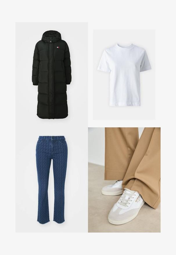 Dolg črn puhasti plašč s kapuco, ki ima spredaj zadrgo in gumbe na zaklop. Ima prešito teksturo in majhen logotip na prsih.; Bela bombažna majica s krojem na vratu, kratkimi rokavi, ravnim krojem in gladko teksturo. Brez vzorcev ali okrasnih elementov.; Temno modri kavbojke z ponavljajočim se krožnim vzorcem, ravnim krojem, raztrganimi robovi in tradicionalnim dizajnom s petimi žepi, ki vključujejo sprednji gumbasti zapiralnik.; Bela sneakerja z zamšastimi detajli, teksturiranimi vezalkami in gumijastim podplatom. V kombinaciji s širokimi svetloplavimi hlačami. Logotip prikazan na strani.