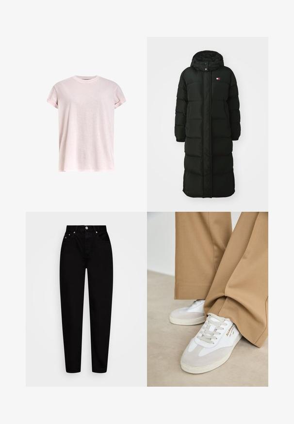Μακριά μαύρη φούτερ επικάλυψη με κουκούλα, διαθέτει μπροστινό φερμουάρ και κουμπιά με σνάπ. Έχει πλεκτή υφή και ένα μικρό λογότυπο στο στήθος.; Λαμπερό ροζ κοντομάνικο t-shirt από μαλακό ύφασμα, με στρογγυλή λαιμόκοψη και χαλαρή γραμμή με γυριστά μανίκια.; Μαύρα ψηλόμεσα ίσια τζιν παντελόνια με μπροστινό κουμπί, πέντε τσέπες και βρόχους ζωνών, τοποθετημένα σε λευκό φόντο.; Λευκά sneakers με σουέτ λεπτομέρειες, υφασμάτινους κορδόνια και καουτσούκ σόλα. Συνδυασμένα με χαλαρούς καφέ παντελόνες. Λογότυπο εμφανίζεται στο πλάι.