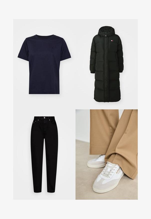 Lang svart dunjakke med hette, med glidelås foran og trykknapper. Den har en quiltet tekstur og en liten logo på brystet.; Mørkeblå bomulls t-skjorte med korte ermer, rund halslinning, og en liten strukturert logo på brystet. Minimalistisk design og glatt tekstur.; Høyt liv, svarte, rette jeans med knapp foran, fem lommer og beltehemper, vist mot en hvit bakgrunn.; Hvite sneakers med semsket detaljer, teksturerte lisser og gummisåle. Kombinert med løse beige bukser. Logoen vises på siden.