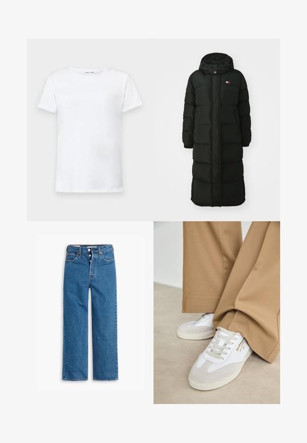 Pitkä musta toppatakki, jossa on huppu, etuvetoketju ja nepparit. Siinä on tilkkutyön kaltainen pinta ja pieni logo rinnassa.; Valkoinen lyhythihainen t-paita, joka on valmistettu puuvillasta ja jossa on pyöreä kaula-aukko. Tasainen pinta ja suora leikkaus, ilman kuvioita tai koristeita.; Siniset farkut suoran lahkeen muotoilulla, korkea vyötärö, viisi taskua ja napitus. Huomattava ompelu ja kuparinsävyiset niitit.; Valkoiset urheilukengät, joissa on mokka-akcentteja, teksturoitu nauha ja kumipohja. Yhdistetty löysiin ruskeisiin housuihin. Logo näkyvissä sivussa.