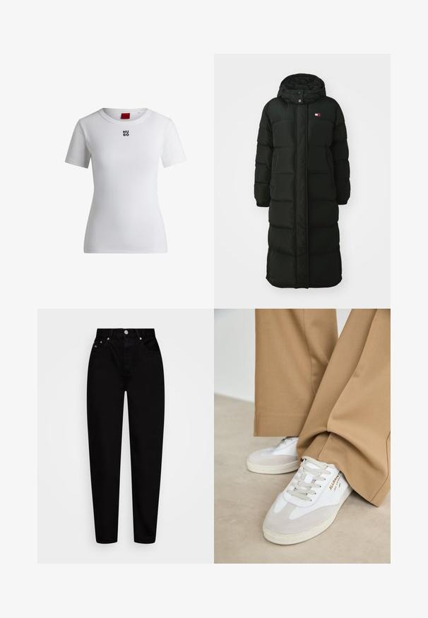 Lungo cappotto nero imbottito con cappuccio, dotato di zip anteriore e bottoni a pressione. Ha una texture trapuntata e un piccolo logo sul petto.; T-shirt bianca in cotone con scollatura tonda e maniche corte. Presenta un piccolo logo nero "HUGO" sul petto. Texture liscia.; Jeans neri a vita alta dritti con bottone frontale, cinque tasche e passanti per cintura, mostrati su uno sfondo bianco.; Sneakers bianchi con accenti in camoscio, lacci texturizzati e suola in gomma. Abbinati a pantaloni larghi color sabbia. Logo visibile sul lato.