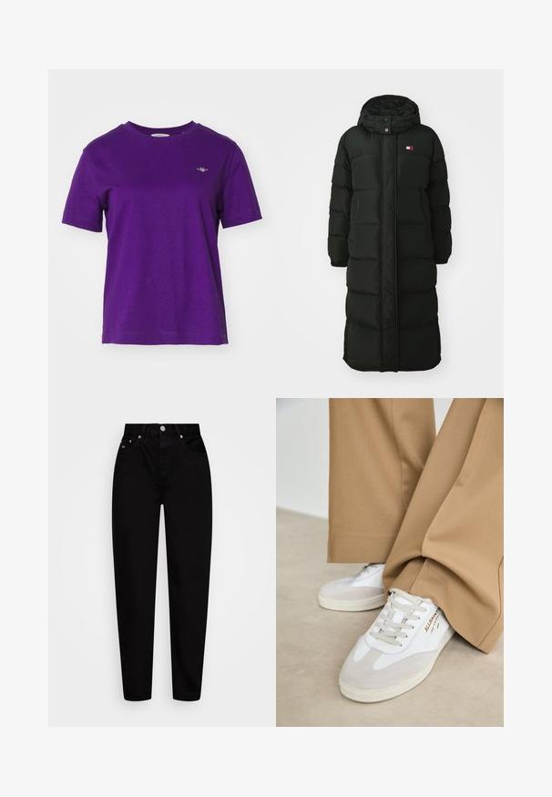 Dlouhý černý péřový kabát s kapucí, disponující předním zipem a patentkami. Má prošívanou strukturu a malé logo na hrudi.; GANT SHIELD - Jednoduché tričko - pansy purple; Džíny s vysokým pasem, černé, rovného střihu s předním knoflíkem, pěti kapsami a poutky na opasek, vystavené na bílém pozadí.; Bílé tenisky s semišovými akcenty, texturovanými tkaničkami a gumovou podrážkou. Kombinováno s volnými béžovými kalhotami. Logo umístěné na boční straně.