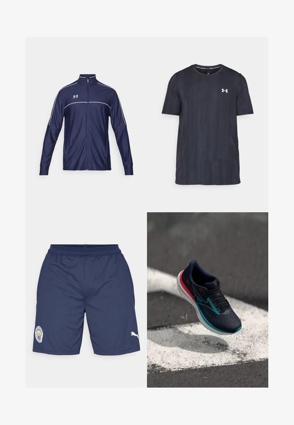 Under Armour CHALLENGER - Trainingsjacke - midnight navy/white; Dunkelblaues Kurzarm-T-Shirt aus atmungsaktivem Stoff, mit einem strukturierten Muster und einem weißen Under Armour-Logo auf der Brust.; Marineblaue Sportshorts aus Polyester, mit einem Logo-Patch am linken Bein und einem weißen Puma-Akzent auf der rechten Seite. Elastischer Bund vorhanden.; Marine-Laufschuh mit strukturiertem Mesh-Obermaterial, türkisfarbenen Akzenten und pinker Ferse. Besitzt eine gepolsterte weiße Sohle und schwarze Schnürsenkel.