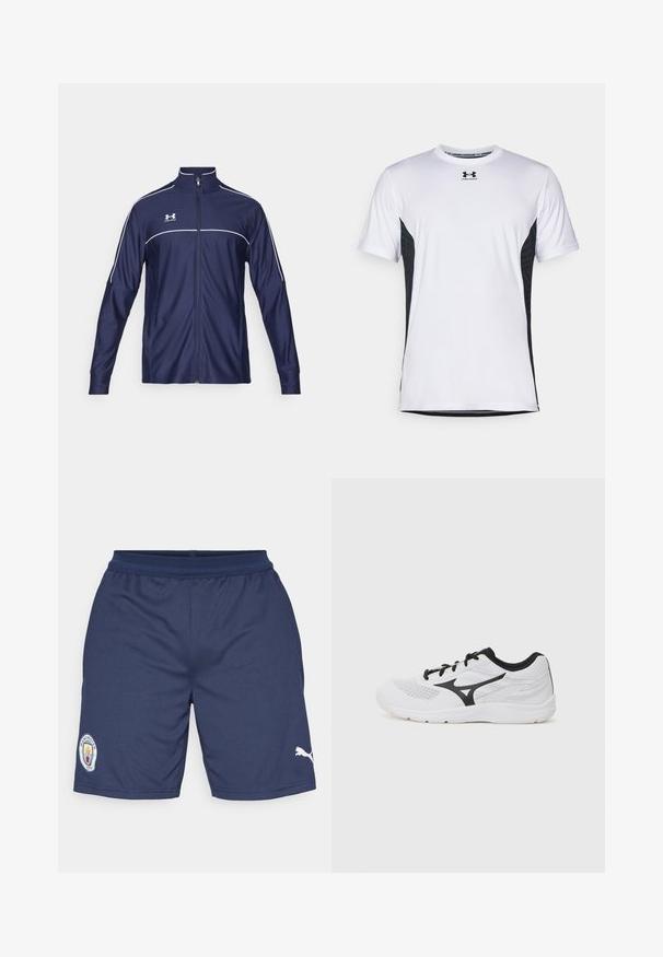 Under Armour CHALLENGER - Jakna za treniranje - midnight navy/white; Under Armour CHALLENGER PRO SS - Sportska majica - white/black; Morske sportske kratke hlače od poliestera, s logom na lijevoj nozi i bijelim Puma naglaskom na desnoj. Uključena elastična traka oko struka.; Bijela atletska cipela s crnim akcentima, mrežasta tkanina, dizajn sa vezicama, okrugli nos i teksturirana potplat. Ima logo sa strane.