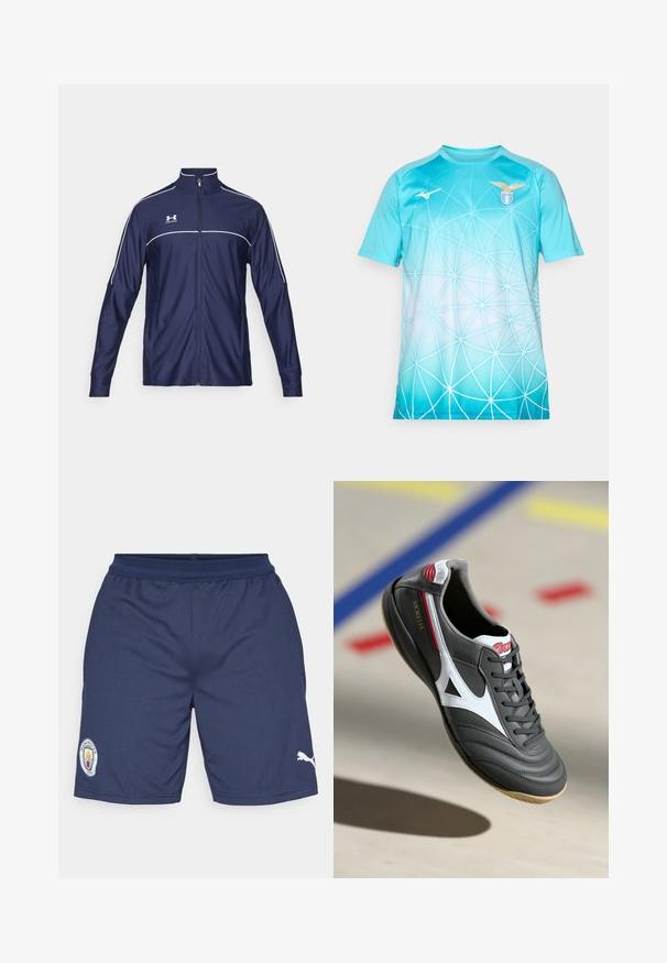 Under Armour CHALLENGER - Treningsjakke - midnight navy/white; Lys blå sportsdrakt med hvitt geometrisk nett-mønster, S.S. Lazio-logo på høyre bryst og Mizuno-logo på venstre bryst.; Mørkeblå sportsbukser laget av polyester, med et logo merket på venstre ben og en hvit Puma detaljer på høyre. Strikket midjebånd inkludert.; Grå innendørs fotballsko med svarte detaljer, hvitt trekantet design, røde fargenyanser og teksturert overdel. Gummi såle for godt grep.