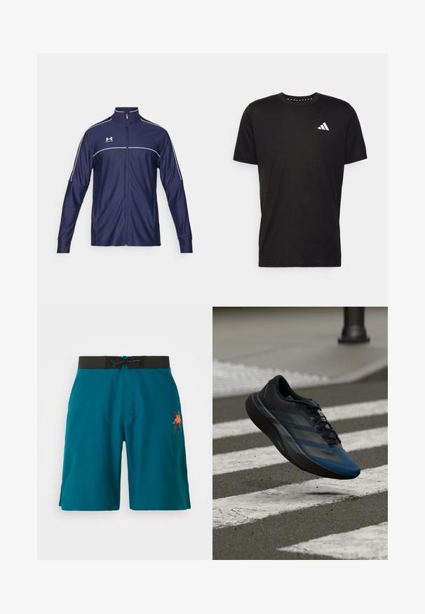 Under Armour CHALLENGER - Casaco de treino - midnight navy/white; T-shirt de algodão preto com mangas curtas, decote redondo e um logo branco no lado esquerdo do peito. Textura suave e design simples.; Calções de banho turquesa feitos de material leve. Apresentam uma cintura elástica preta com cordão e um logótipo laranja no lado esquerdo.; Tênis atlético preto e azul com design aerodinâmico, apresentando uma parte superior texturizada, riscas contrastantes e uma sola acolchoada, pairando sobre o pavimento.
