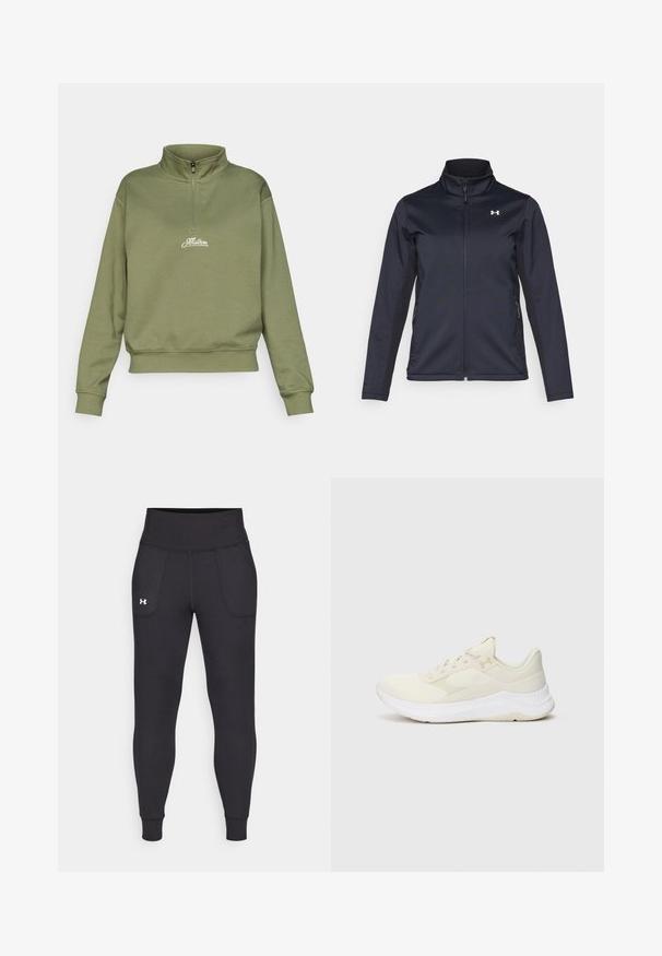 Tengerészkék szélálló dzseki, állógallérral, teljes hosszúságú cipzárral és oldalsó zsebekkel. Könnyű, struktúrált anyagból készült, márkás logóval.; Oliva zöld, cipzáros pulóver, állógallérral és bordázott mandzsettával. A mellkasán fehér hímzett logó található. Puha, textúrált anyag.; Fekete sportleggings rugalmas anyagból, magas derékfűzéssel, oldalsó zsebekkel és szűkített szárakkal a bokán.; Világos színű sportcipők, amelyek hálós és szintetikus anyagokból készültek, texturált felsőrészük, párnázott talpuk és visszafogott logózásuk van.