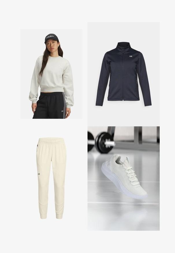 Giacca a vento navy con colletto rialzato, zip frontale a tutta lunghezza e tasche laterali. Realizzata in tessuto leggero e testurizzato con logo del marchio.; Felpa grigia chiara con maniche e orlo a coste, caratterizzata da un piccolo logo bianco sul petto. Abbinata a pantaloni sportivi neri con strisce laterali.; Pantaloni sportivi beige chiaro con vita elastica, gambe affusolate, tasche laterali e dettagli di cucitura sottili. Presenta un logo nero.; Sneaker atletico bianco con tomaia in rete testurizzata e sistema di allacciatura, caratterizzato da una suola bianca ammortizzata e sottili accenti rigati.